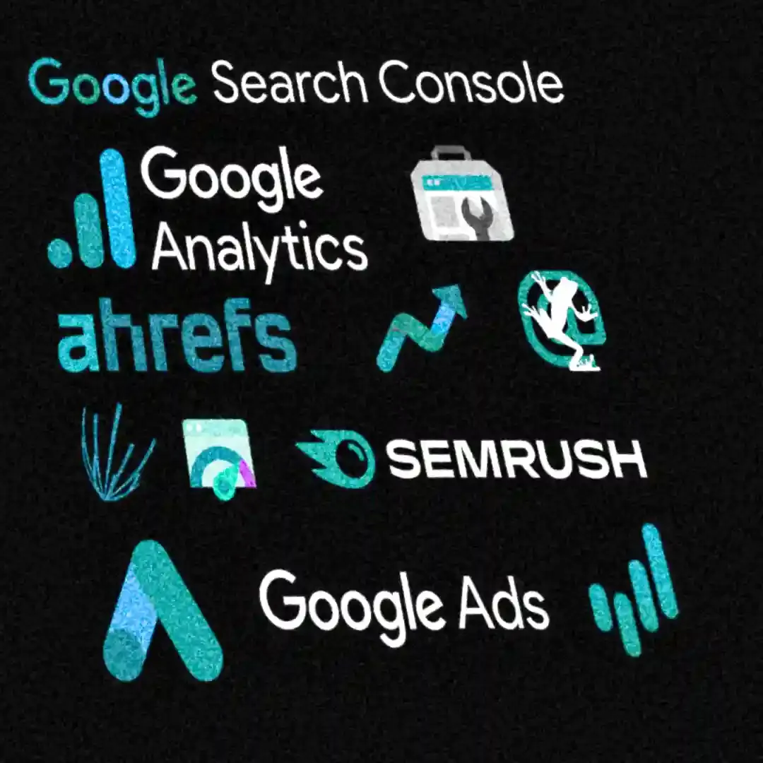 Screenshot of several SEO tools like GSC (Google search console), Google Analytics, Screaming Frog, ahrefs, Google Trends, Semrush, answer the public