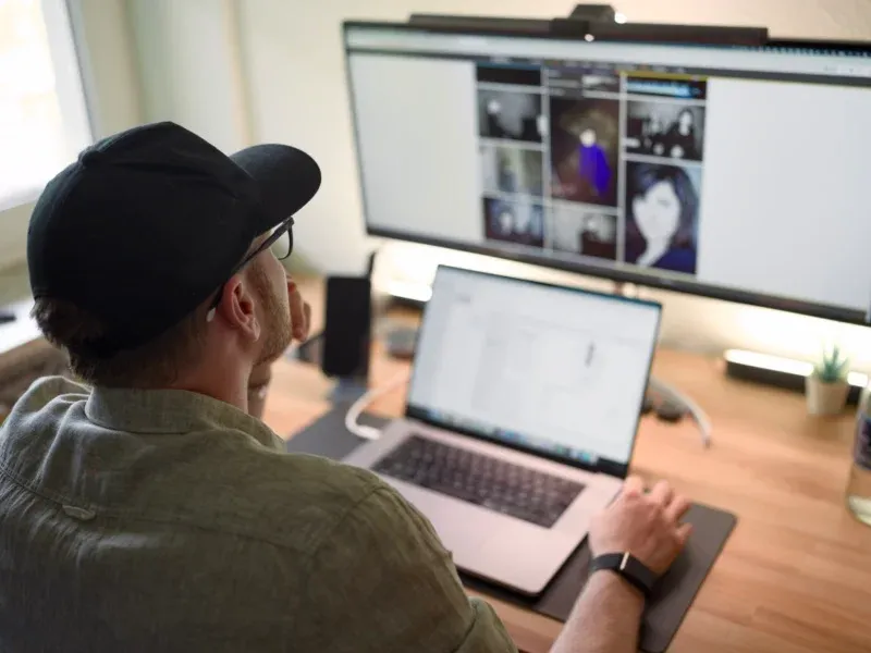 Picture from behind of founder of Lavro Marketing looking at a screen, working hard on a client project